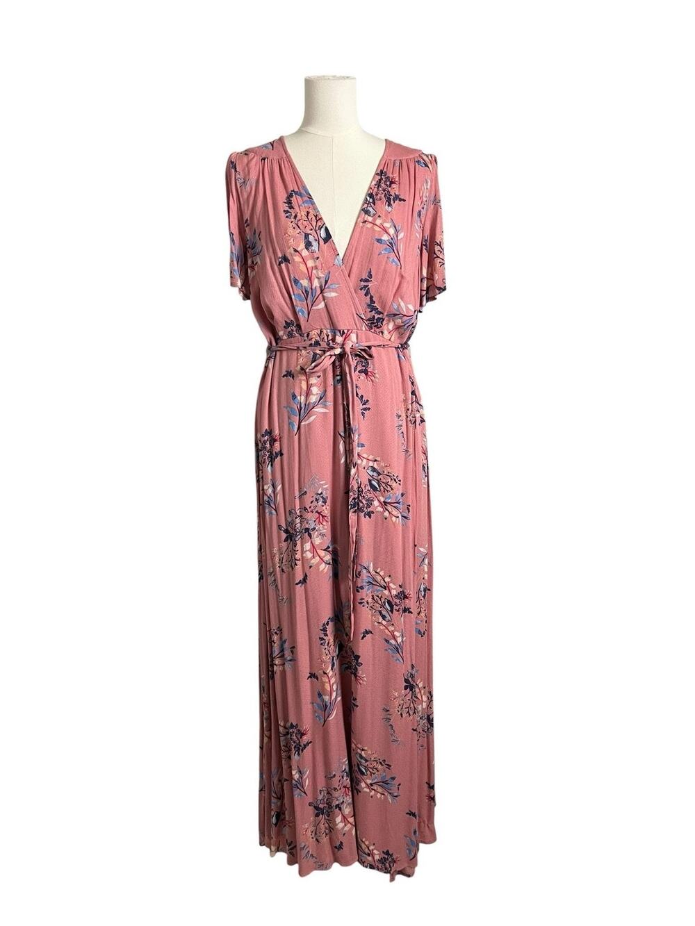 Lulus Wrap Maxi Dress Womens XL Pink Floral Belted Flutter Sleeve Summer Boho
